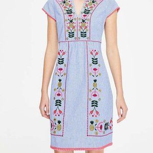 Boden Cabin Blue Ticking Stripe Bea Embroidered Linen Notch-Neck Dress / Size 8
